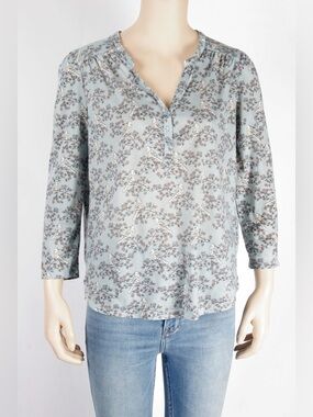 H&M Slate Blue Bird-Print Peasant Blouse